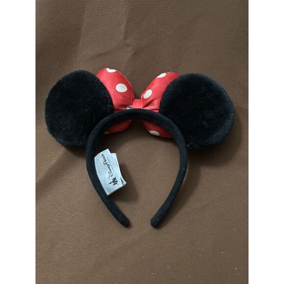 Disney Parks Minnie Mouse Ears Headband Classic Black Velvet Red Polka Dot Bow - Picture 2 of 2